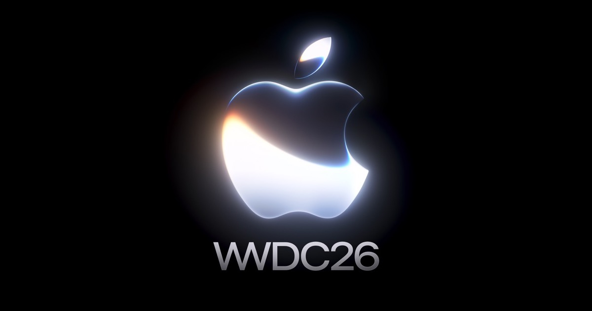 Oficiální grafika Apple WWDC 2026 se skleněným 3D logem a nápisem WWDC26