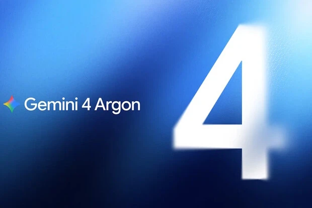 Oficiální vizuál Googlu k modelu Gemini 4 Argon: nápis Gemini 4 Argon s logem Gemini a velká rozmazaná číslice 4 na modrém pozadí